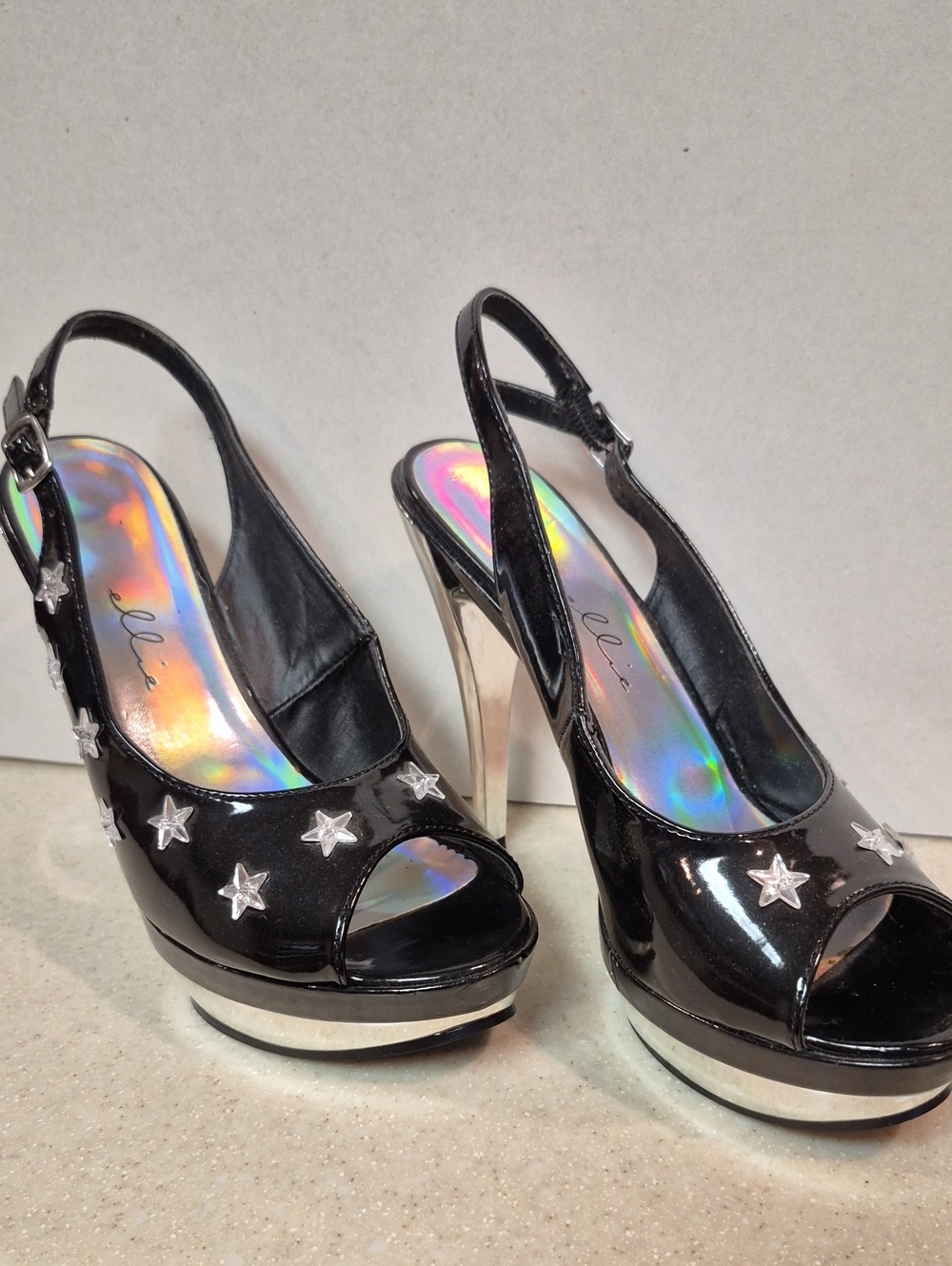 Ellie Skylar Star Platform Sandals Black Patent Holographic Peep Toe Size 8